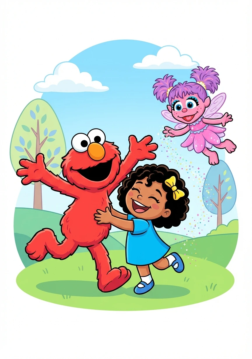 Elmo rushes to greet Lourdes with a big hug. Abby Cadabby flutters nearby, sprinkling sparkly fairy dust that makes Lourdes giggle.
