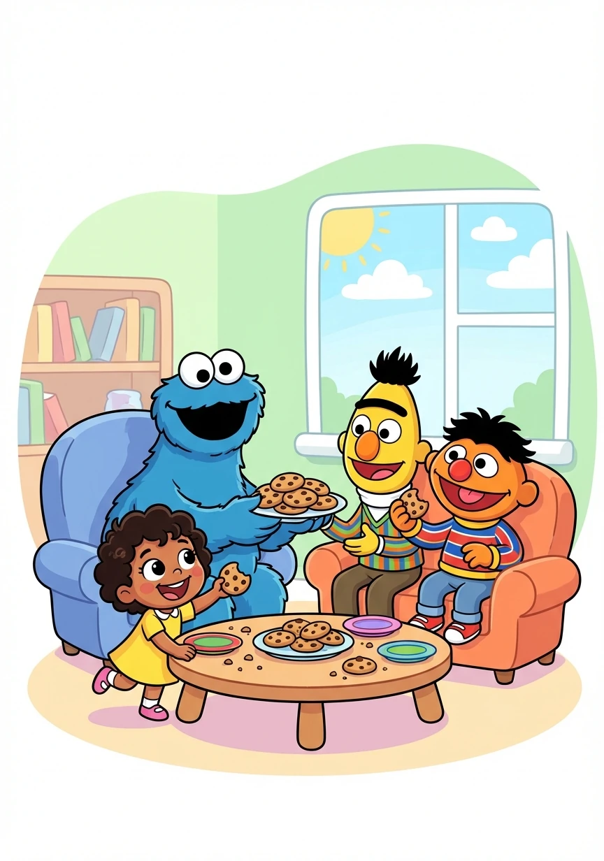 They join Cookie Monster, who is surprisingly sharing his cookies with Bert and Ernie. Everyone is laughing and having a wonderful time.