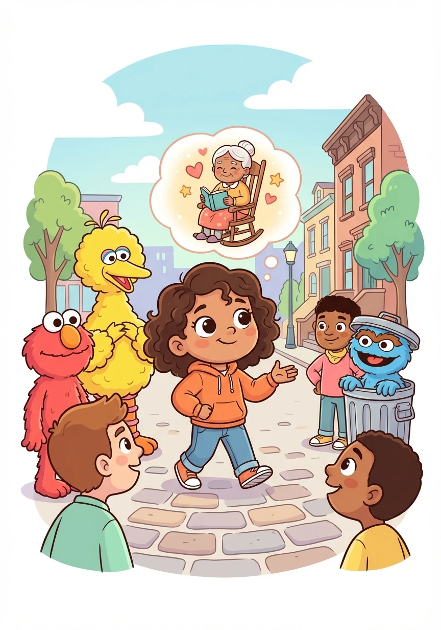 Lourdes, remembering her grandmother's stories of strength and resilience, steps forward to speak. She explains how Sesame Street is a family.