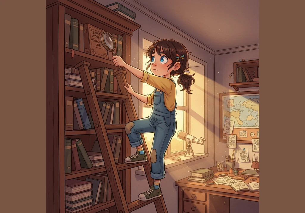 Elara, uma jovem curiosa com olhos brilhantes, descobre um tomo antigo escondido nas prateleiras mais altas da biblioteca de seu avô. O livro exala um