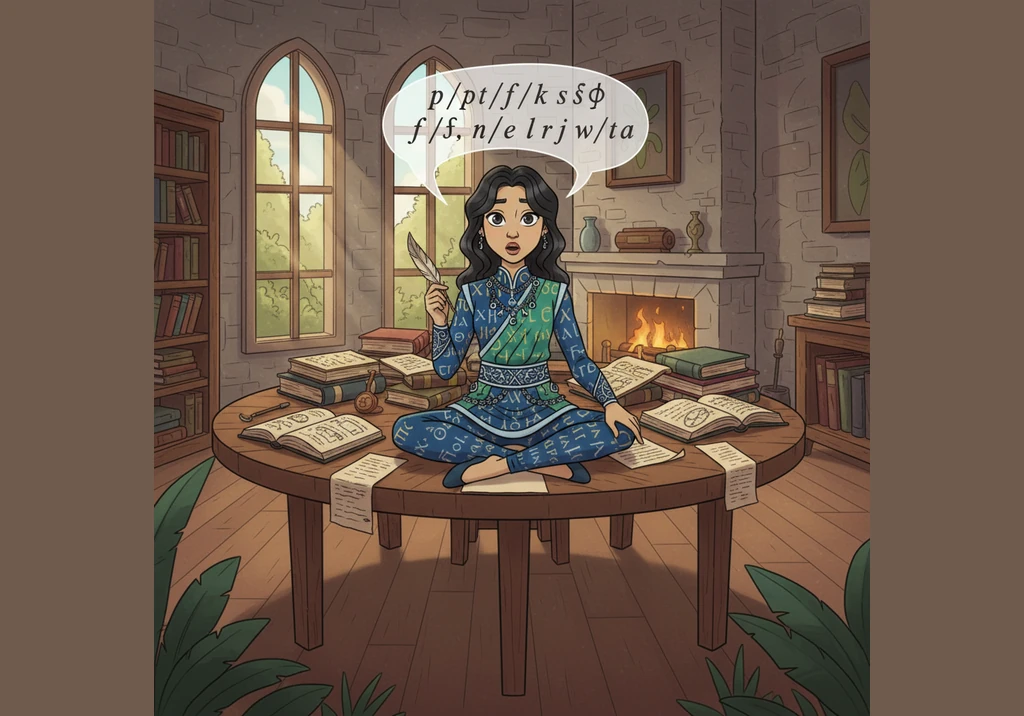 Elara começa a estudar a fonologia da língua, repetindo sons como /b/, /d/ e /f/ enquanto traça as letras com a ponta dos dedos. Ela percebe que cada