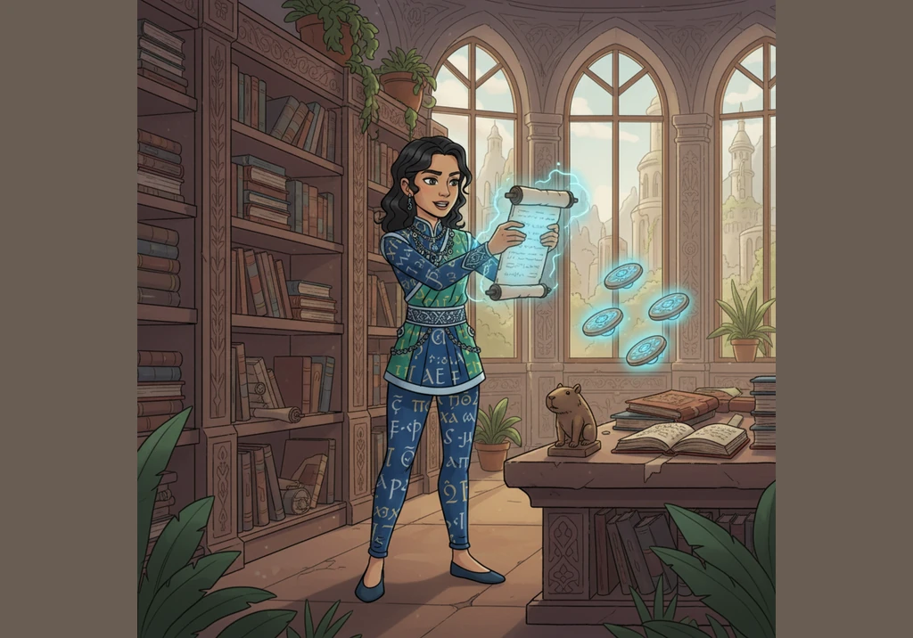 A jovem aprende as regras da grafia latina, entendendo como o som de "k" muda para "qu" antes das vogais frontais. É um quebra-cabeça lógico que faz s