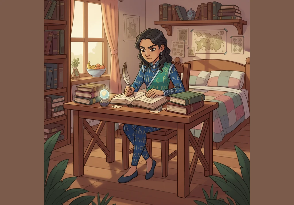 Com extremo cuidado, Elara escreve sua primeira frase completa usando os traços curvos e as marcações precisas do Tengwar. Para sua surpresa, a tinta