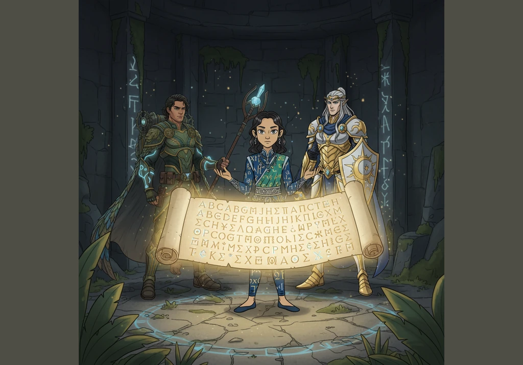 O alfabeto completo finalmente se revela diante dela em um pergaminho radiante, mostrando a harmonia entre a tradição clássica e a elegância mística.