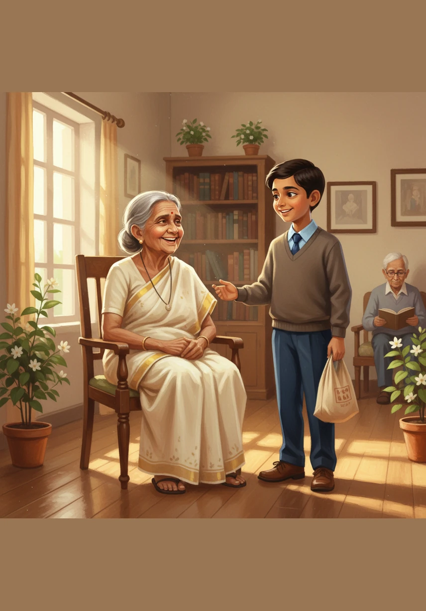 One sunny afternoon, Vasu visits a local home for the elderly, carrying a small bag of treats and a warm heart. The building is peaceful and quiet, filled with the soft whispers of stories from the past and the scent of blooming jasmine.