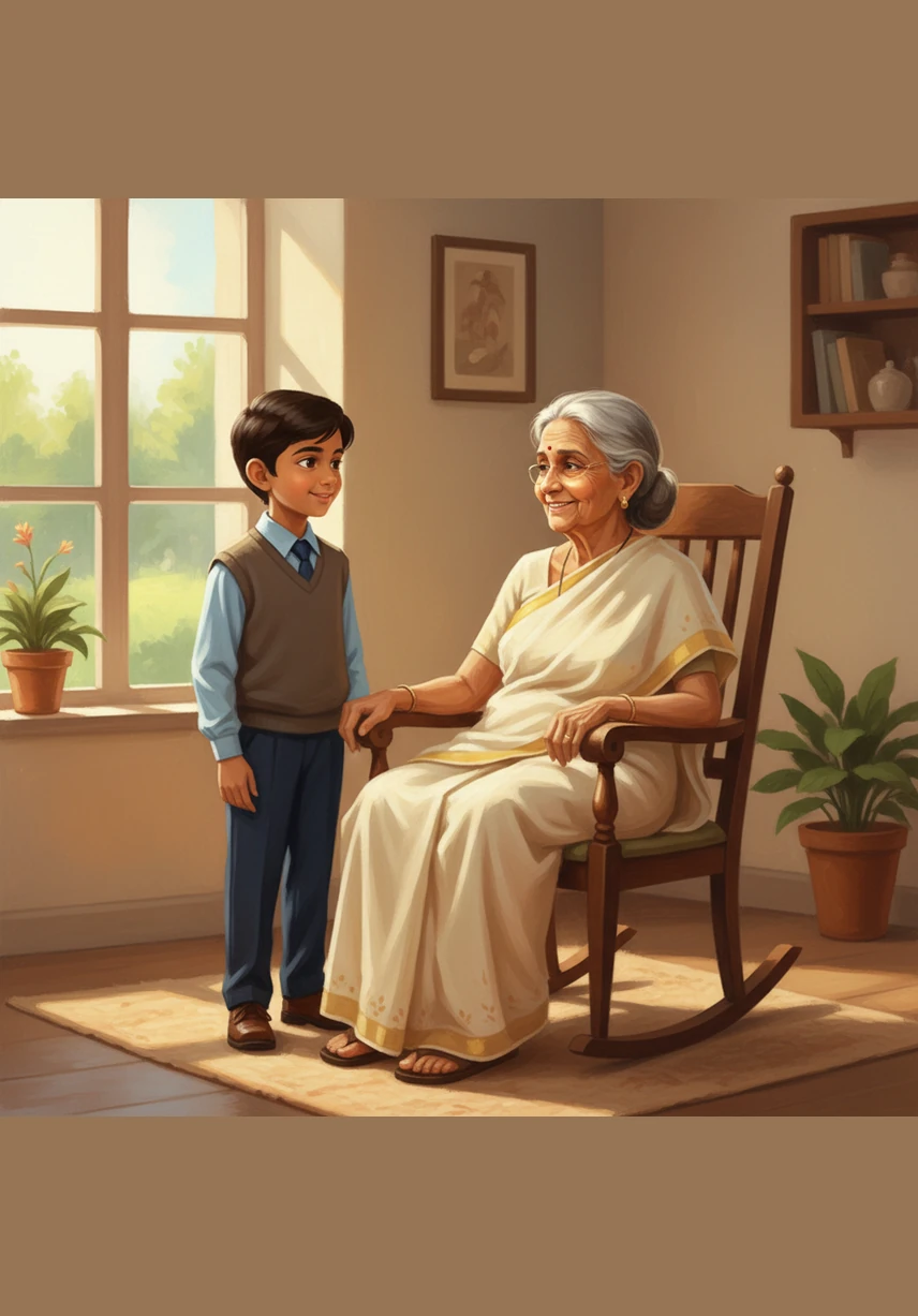 He is introduced to a gentle woman with silver hair and a face etched with kindness, whom everyone fondly calls Amma. She sits in a wooden rocking chair by the window, her eyes lighting up with a soft glow as Vasu approaches her.