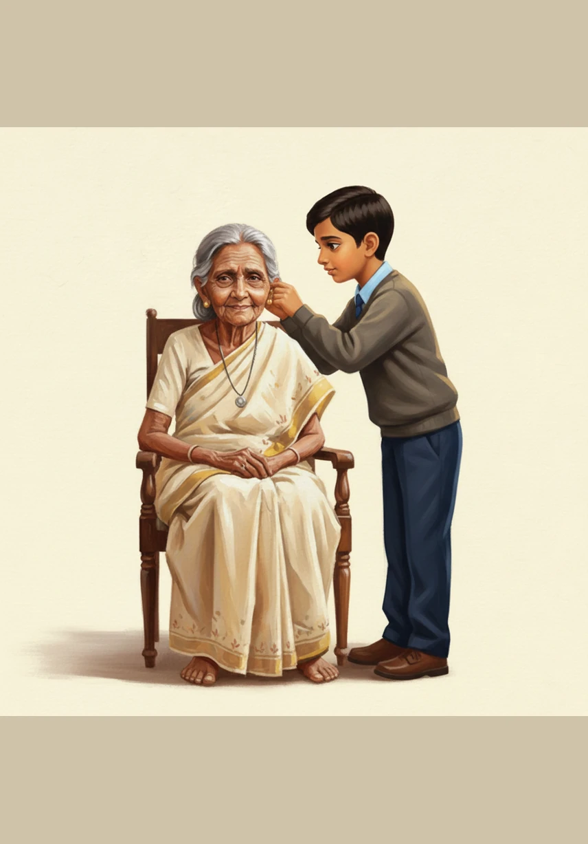 Amma reaches out to pat Vasu’s hand, telling him how wonderful he is and how proud his parents must be of such a lovely boy. Vasu beams with a modest smile, feeling an instant and inexplicable connection to the elderly woman.