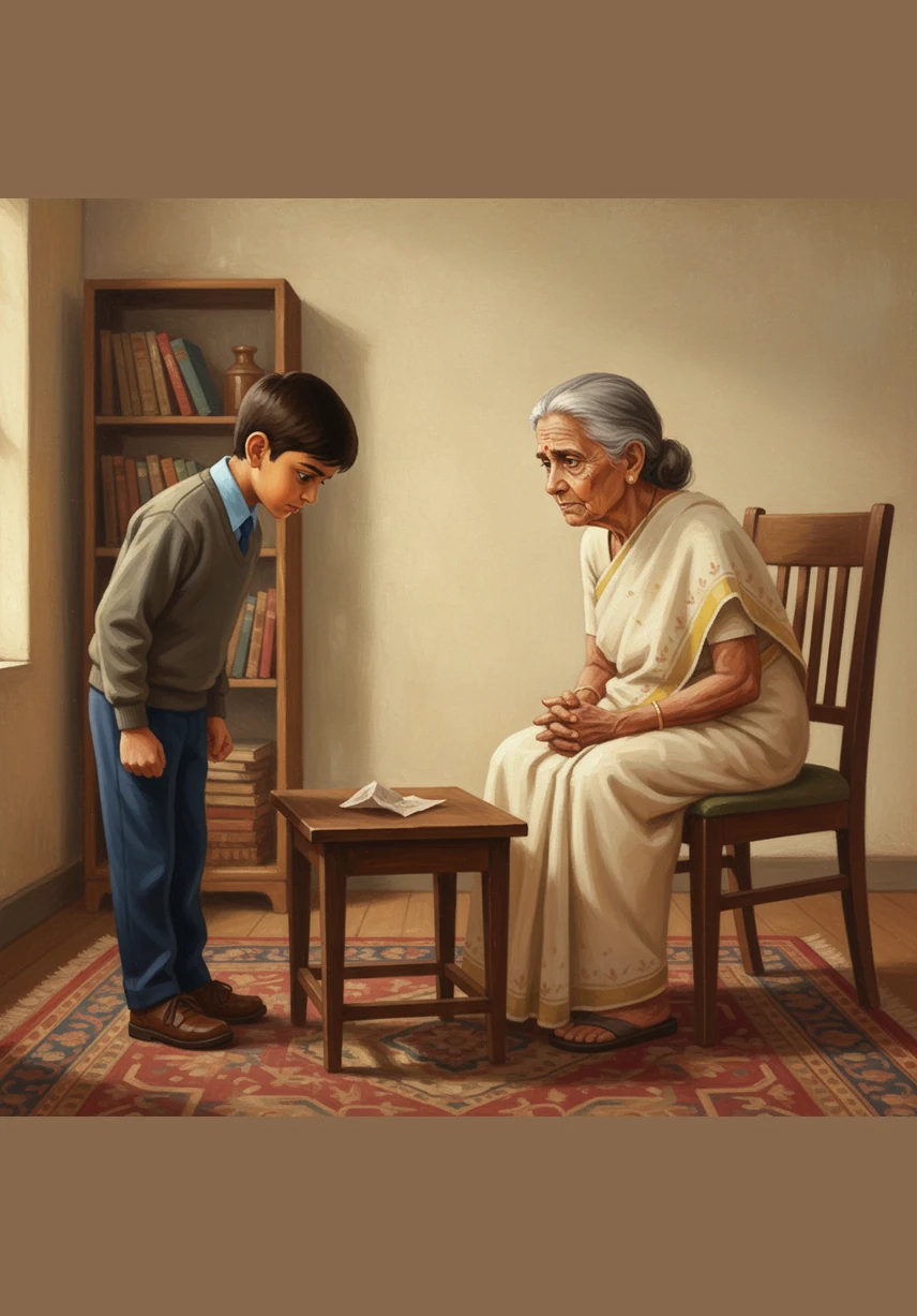 A heavy tension fills the small room as Amma leans forward, her voice trembling with a mix of hope and fear. She looks deeply into Vasu's eyes and asks him for his father’s full name, her hands clutched tightly in her lap.