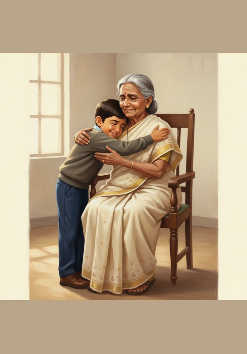 Vasu leans in and wraps his arms around Amma in a tight, comforting hug, his own eyes filling with tears of joy. In this tender moment, a broken family link is restored, and a young boy finally finds the grandmother he had been searching for all along.