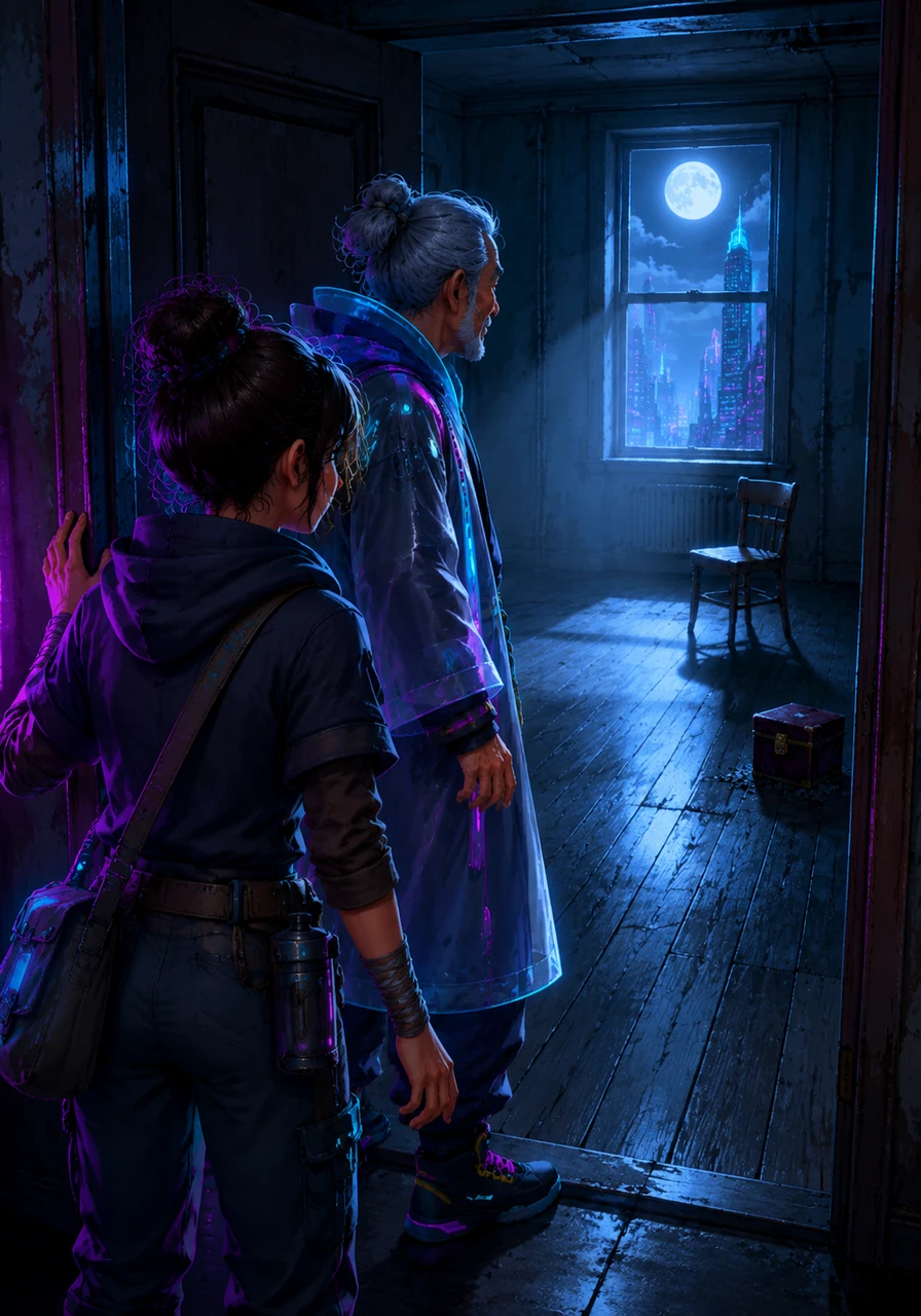 With a sharp click, the door swings open to reveal a room bathed in silver moonlight. The apartment is empty except for a single wooden chair and a small velvet box tucked away in a dusty corner.