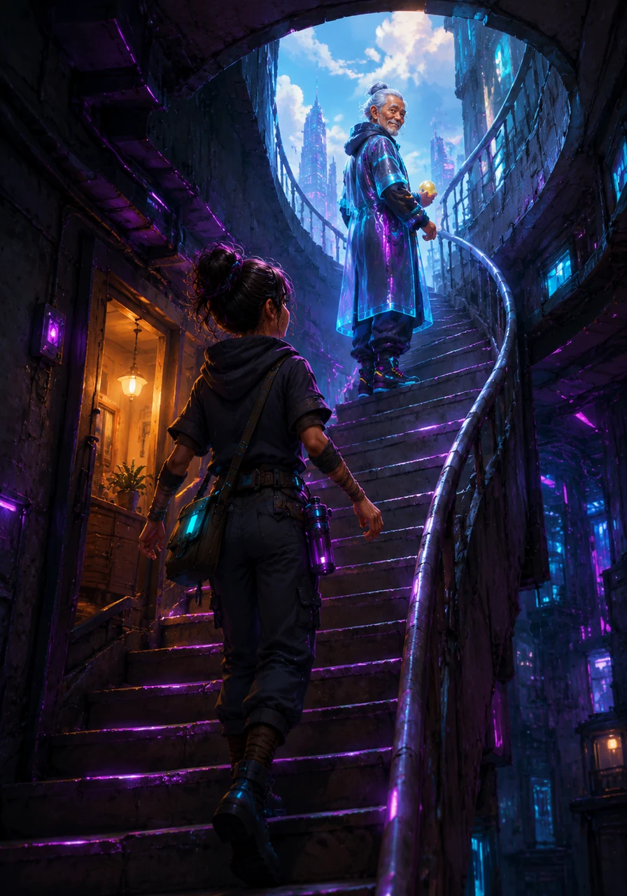 Driven by curiosity, Elena leaves her apartment and follows a narrow, winding staircase that leads upward toward the sky. Each step echoes in the quiet building, drawing her closer to the unknown.