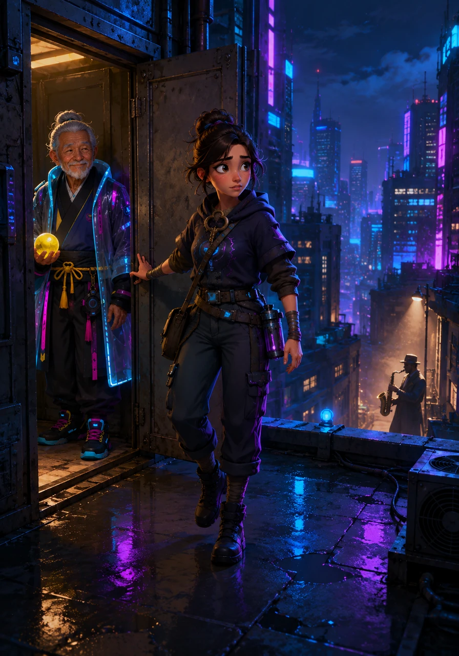 She pushes open a heavy metal door and steps out onto the rooftop, where the cool midnight wind carries the faint, soulful sound of a jazz saxophone from the streets below.