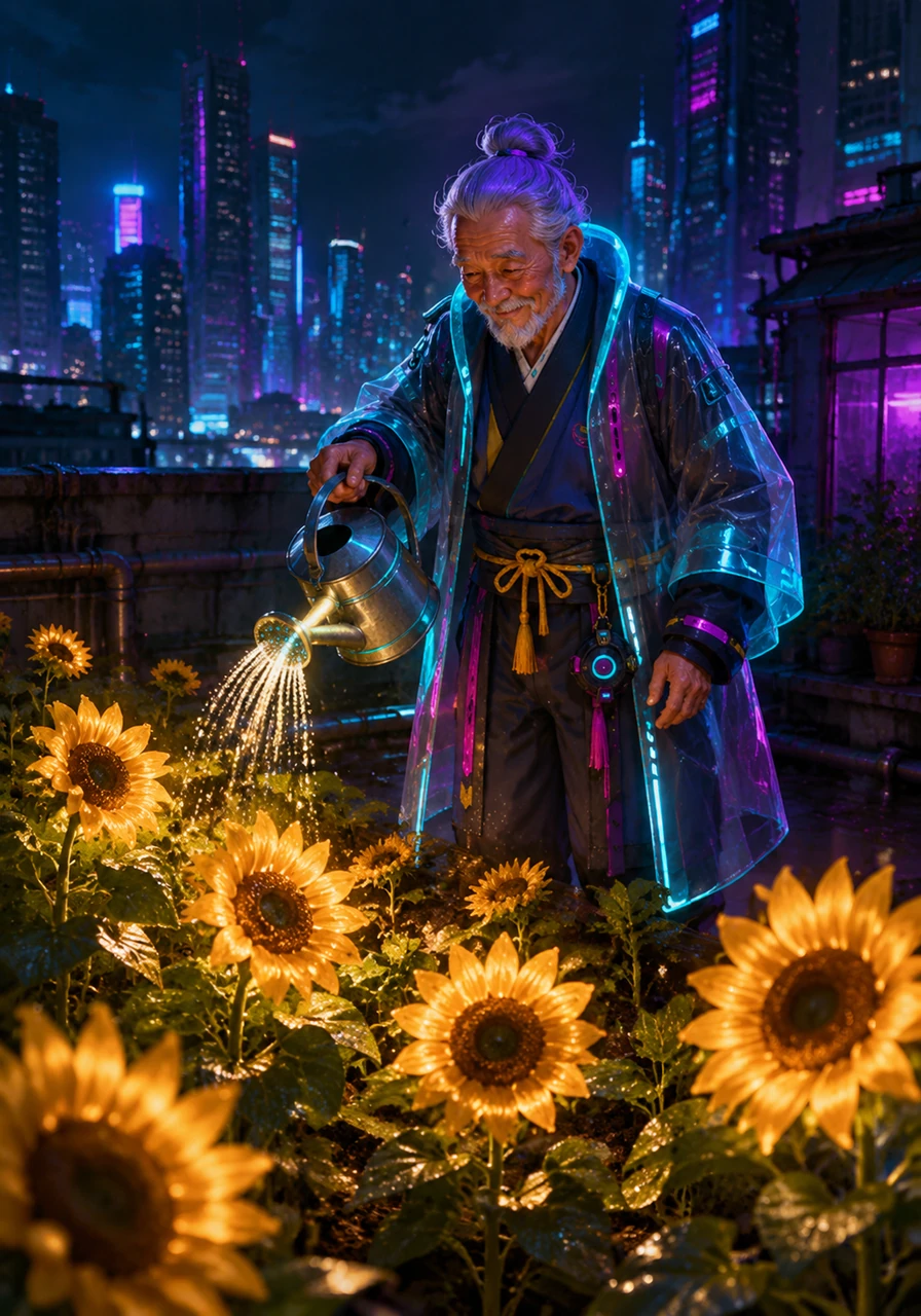In the center of the roof, an elderly man with kind, wrinkled eyes is quietly watering a garden of bright sunflowers. The flowers glow like small suns against the dark backdrop of the sleeping city.