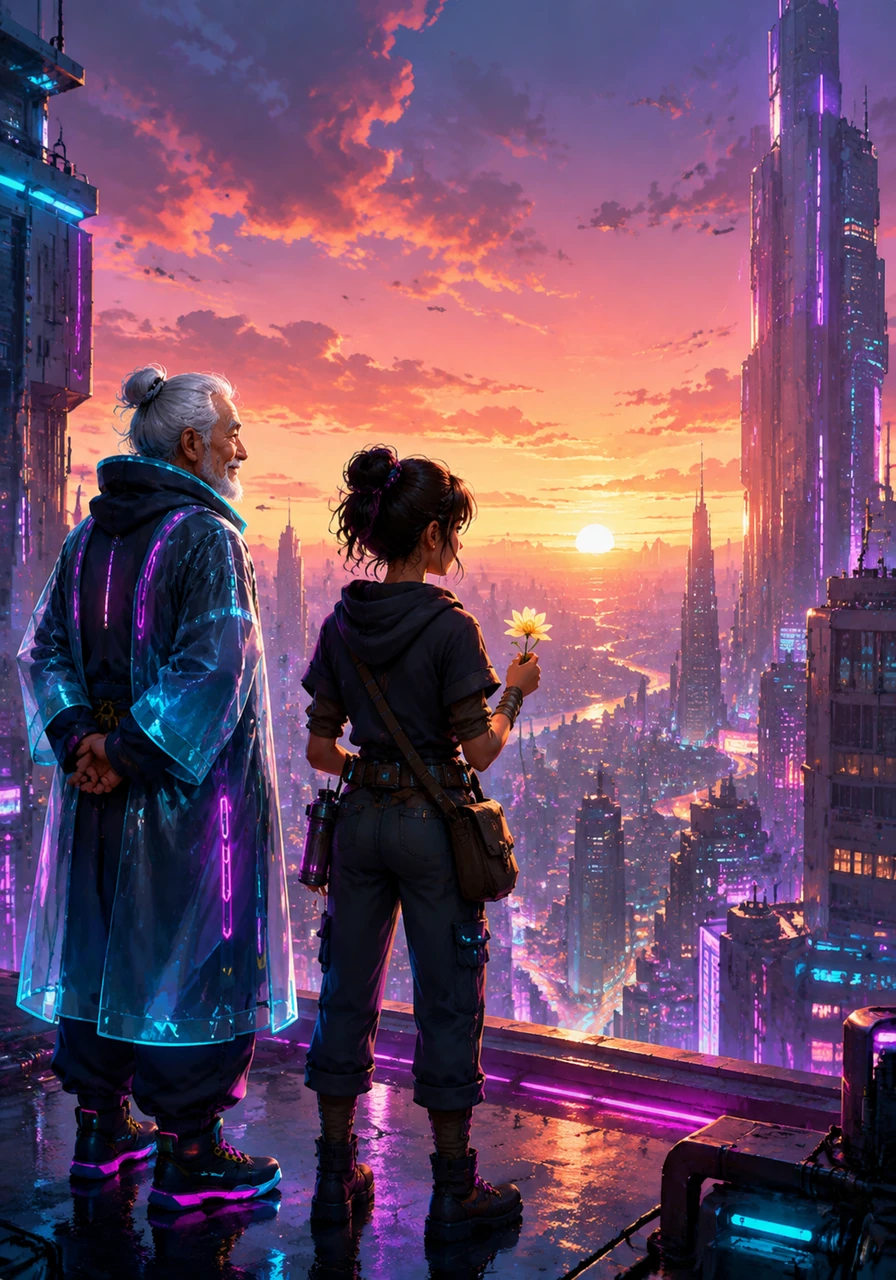 Elena stands at the edge of the roof, looking out at the endless horizon with the flower in her hand. The city no longer feels like a strange place, but like a home waiting to be discovered.