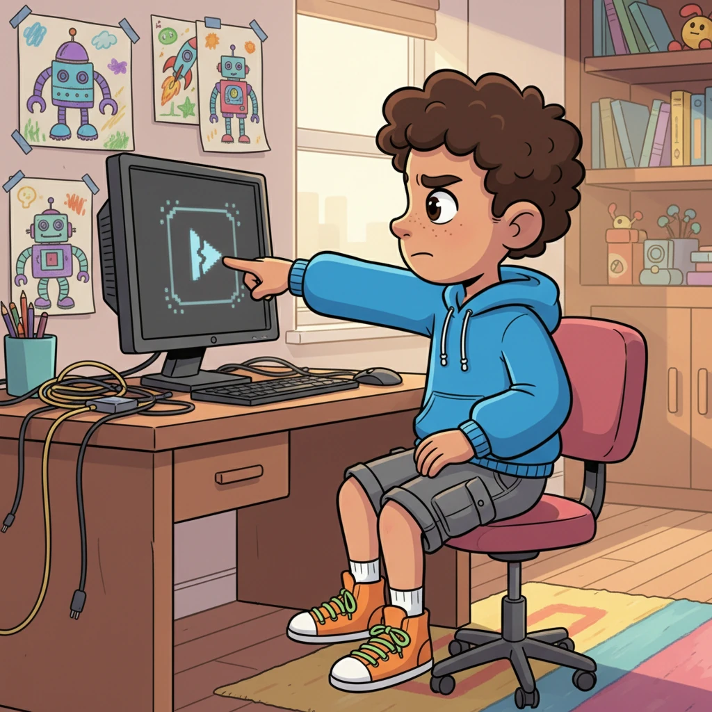 Kody, a bright-eyed boy with a curious mind, sits at his desk, surrounded by colorful drawings of robots and spaceships. He stares intently at his computer screen, a puzzled expression on his face as he tries to watch a video that just won't play.