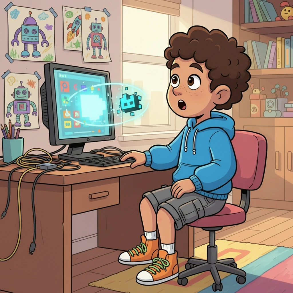 Suddenly, a tiny, glowing light appears from his computer screen, swirling into a friendly, pixelated sprite named 'Format-Fixer'. Format-Fixer zips around Kody's head, full of energy and ready to help.