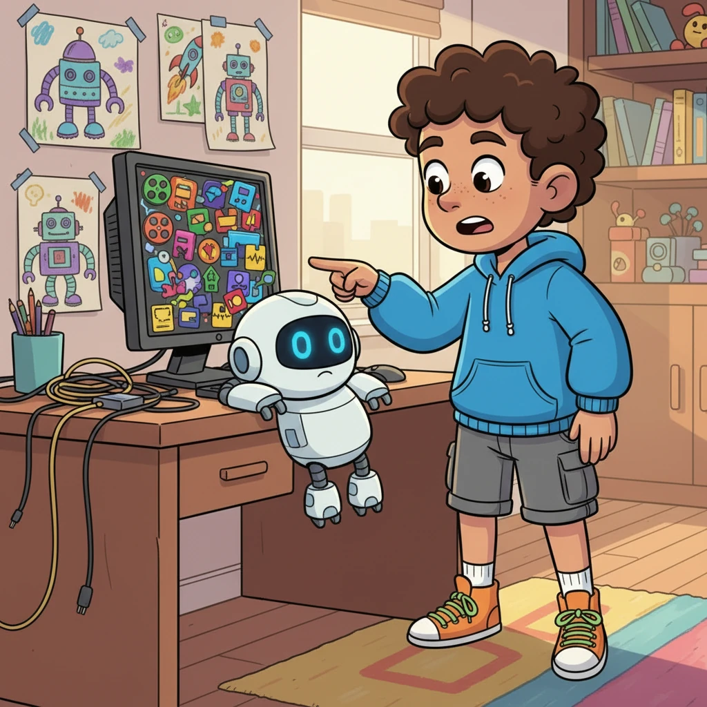 Kody explains his problem: his video and audio files are all jumbled and won't work together. Format-Fixer listens carefully, its digital eyes widening with understanding.