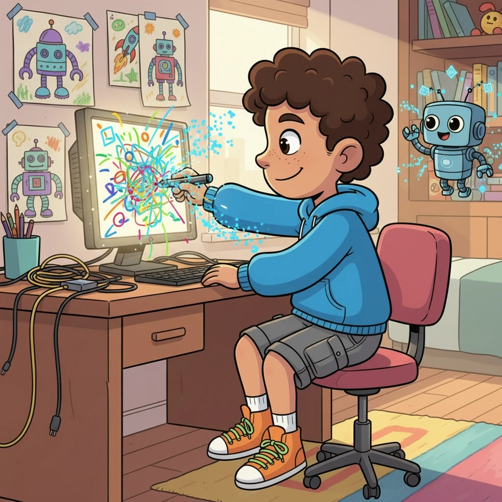 Together, Kody and Format-Fixer begin to 'build' the app. Kody draws colorful lines and shapes on a digital canvas, while Format-Fixer zaps them with sparkling code dust.