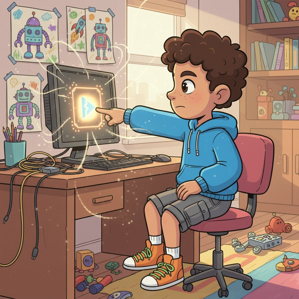 Next, he tries an old, forgotten audio file. The 'Audio Alchemy' button glows, and soon, the sweet sound of music fills Kody's room, clear and crisp.