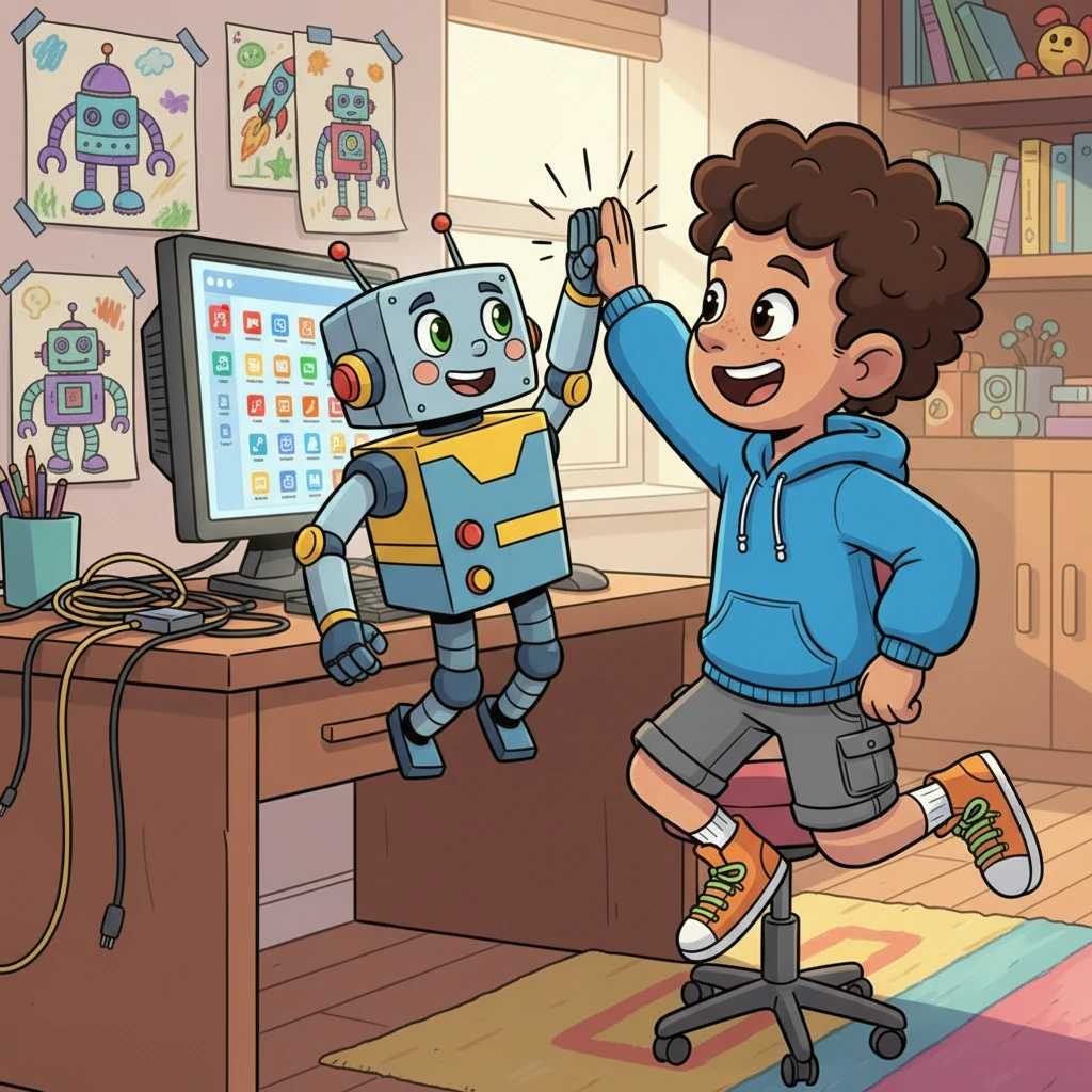 Kody and Format-Fixer high-five, beaming with pride at their successful creation. The app is a marvel, making all his media files behave just as they should.