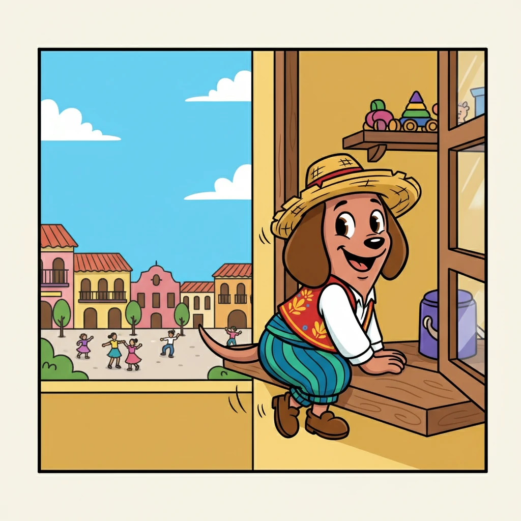 Salchicha, una perrita salchicha de dos años, se asomaba por la ventana. Su cola se movía sin parar, ansiosa por la aventura.  Afuera, la plaza la esperaba, llena de promesas.