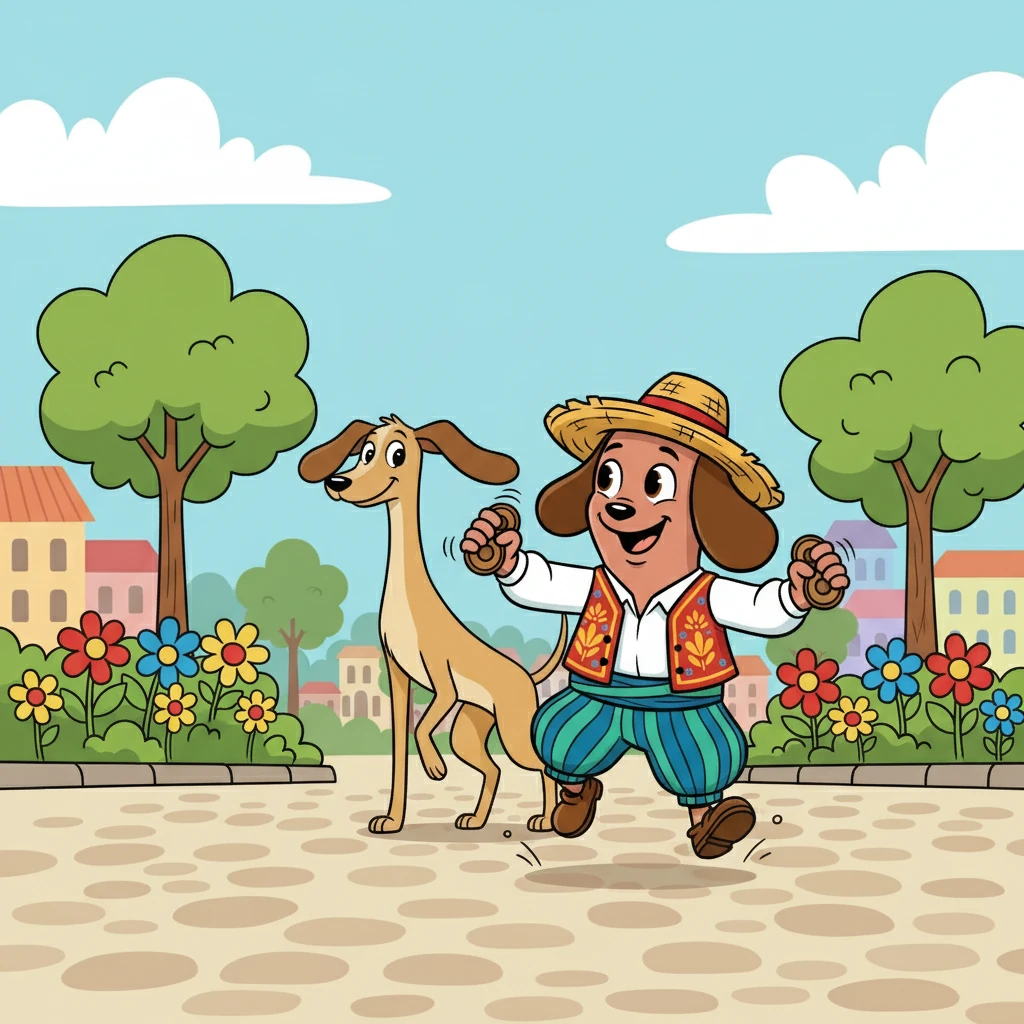 Juntas, salieron a la plaza.  Las flores coloridas y los árboles frondosos creaban un escenario perfecto.  Salchicha corría emocionada, mientras Canela la seguía con calma.