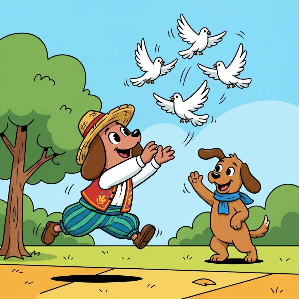 Un grupo de palomas se alzó en vuelo al pasar cerca. Salchicha, llena de energía, intentó atraparlas, pero Canela la llamó para que se concentrara en el juego.