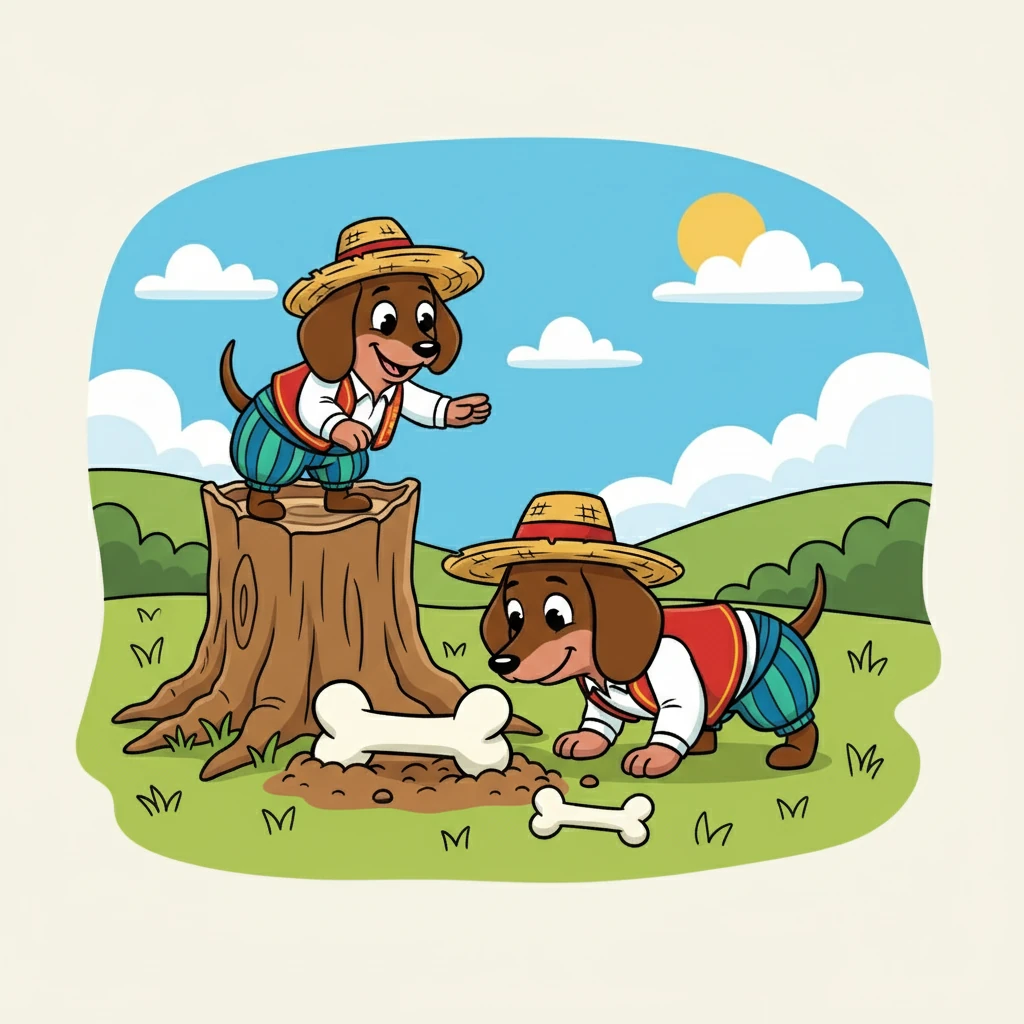 Encontraron un hueso escondido. Salchicha, con su olfato agudo, lo descubrió primero.  Compartieron el tesoro, demostrando la importancia de compartir.