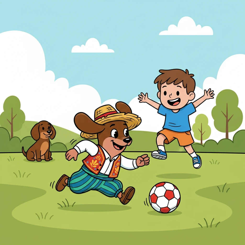 Un niño jugaba con una pelota.  Salchicha, con su instinto juguetón, se unió al juego, persiguiendo la pelota con entusiasmo. Canela, observaba con cariño.