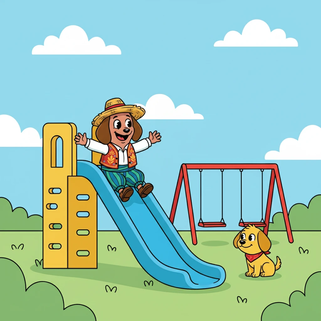 Decidieron explorar el parque infantil.  Salchicha subió y bajó por los toboganes, mientras Canela la esperaba al pie, cuidándola.