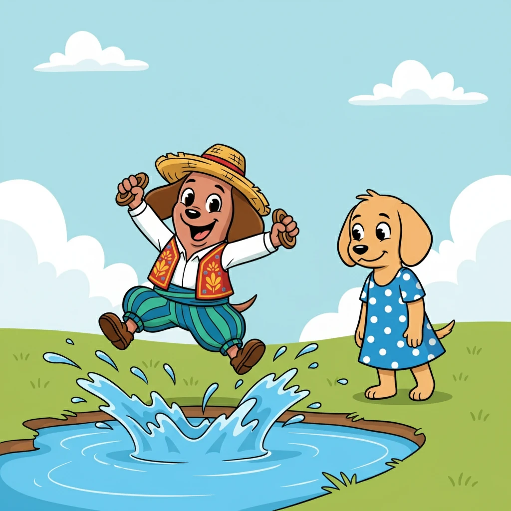Se encontraron con un charco de agua. Salchicha, sin dudarlo, se lanzó a jugar, salpicando agua por todas partes. Canela, más prudente, observaba desde la orilla.
