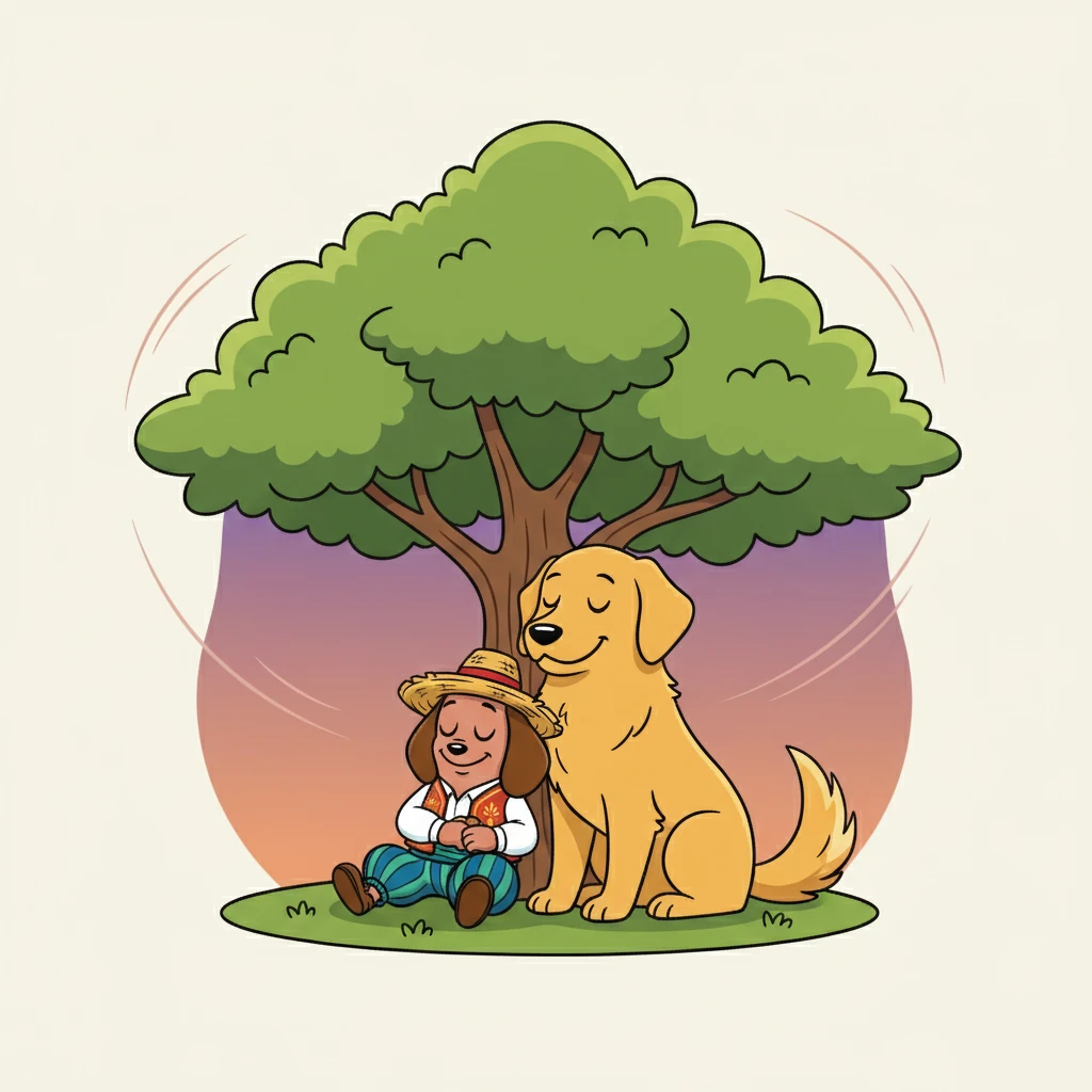 Llegó la hora de descansar.  Se sentaron bajo un árbol, sintiendo la brisa fresca.  Salchicha se acurrucó junto a Canela, disfrutando de su compañía.