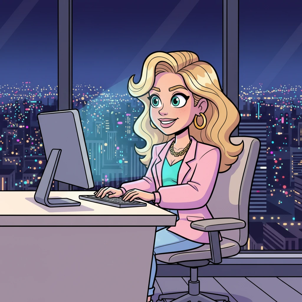 The city lights twinkled outside the towering skyscraper as Victoria Vance, a vision of 80s sophistication, sat focused at her computer. Her shoulder-length light brown hair framed a striking face, illuminated by the glow of the screen in her brightly lit, modern office.