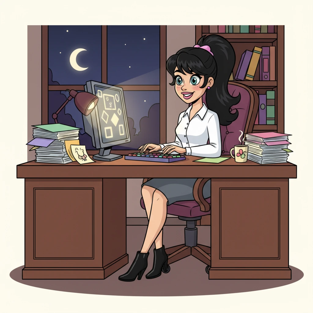 Victoria, elegant in her grey pencil skirt, crisp white blouse, and sleek black leather boots, tapped busily on her keyboard. Papers were neatly stacked on her spacious desk, reflecting her dedication to her late-night work.