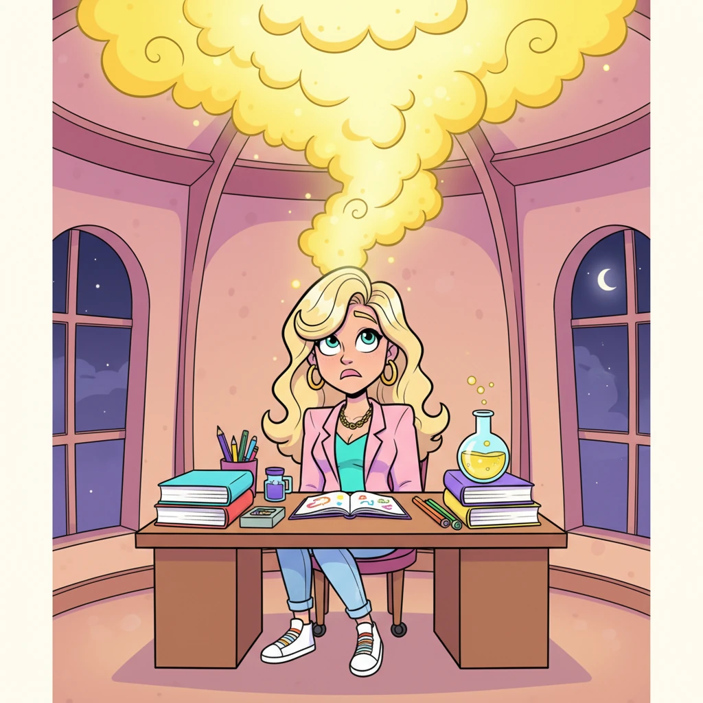 The yellow mist grew thicker, swirling and spreading across the ceiling, slowly descending towards Victoria's desk. Her brow furrowed slightly as she finally looked up, a puzzled expression crossing her face.