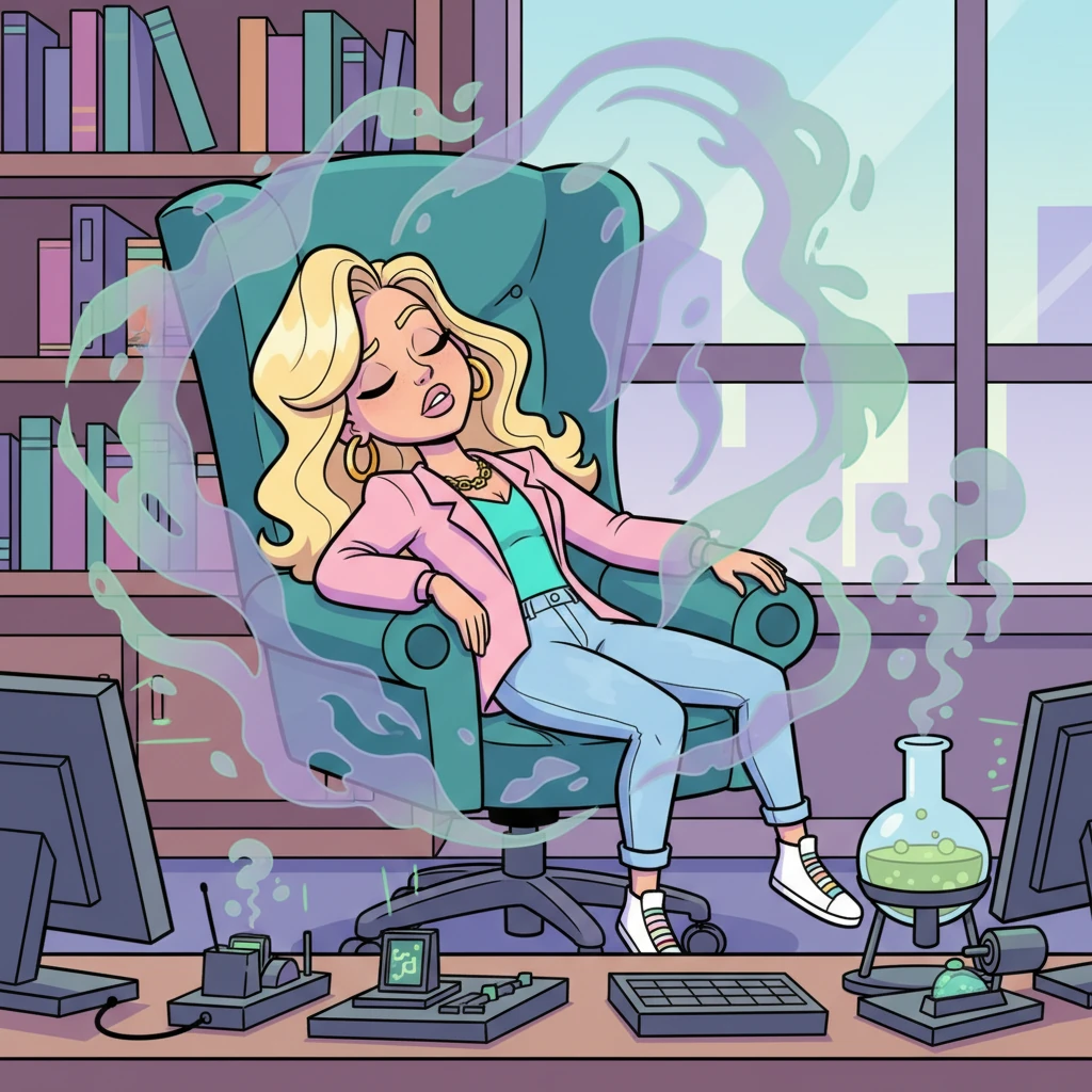Overwhelmed by the mysterious vapor, Victoria slumped back into her plush office chair, her head lolling to the side. Her usually vibrant posture completely relaxed as unconsciousness claimed her.