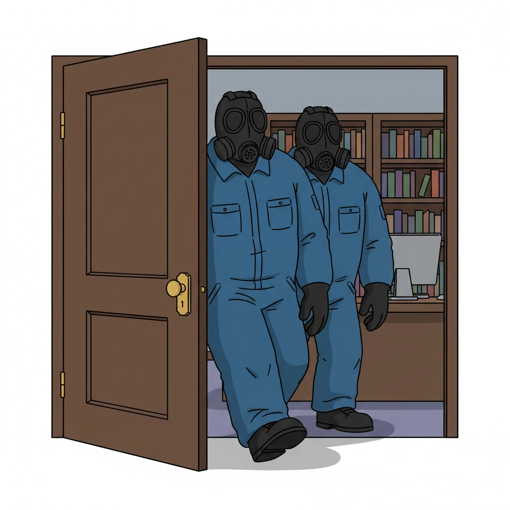 The heavy office door swung open silently, revealing two hulking masculine figures. They wore dark blue coveralls, their faces obscured by menacing black gasmasks, adding an eerie silence to their entrance.