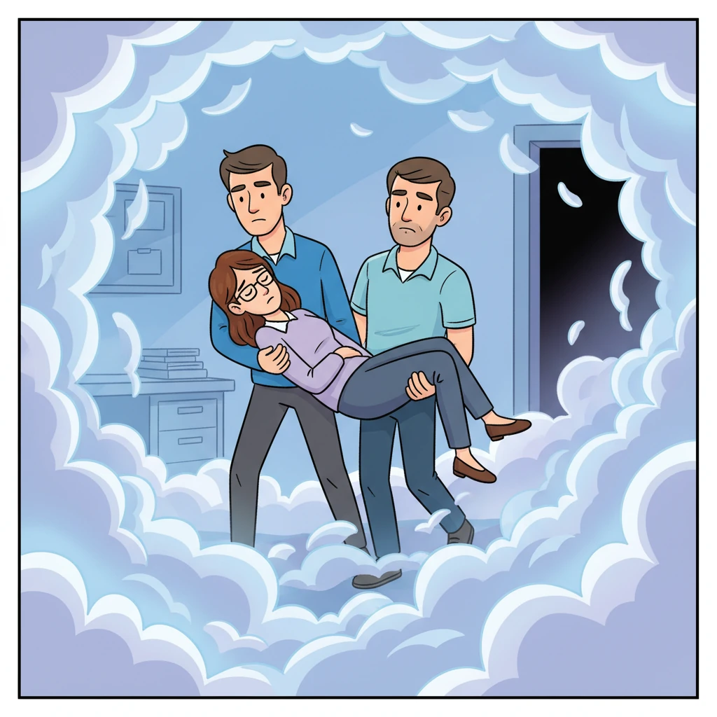 Without a word, the two men moved swiftly. They carefully lifted Victoria from her chair, one supporting her torso, the other her legs, and carried her gently but determinedly out of the now completely misty office and into the unknown.