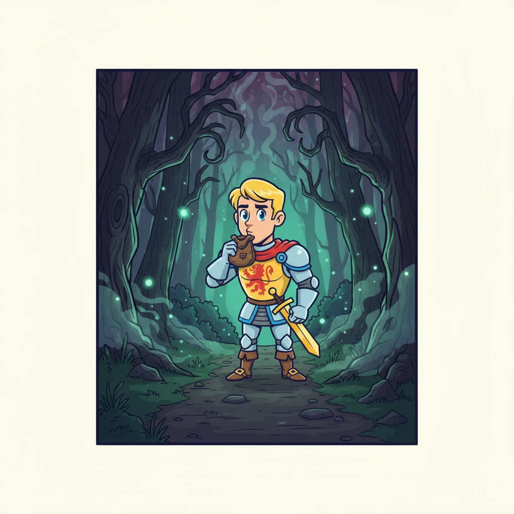 Gareth prepared for his journey, donning his shining armor and sharpening his sword. He kissed his lucky charm, a small, worn leather pouch, and set off towards the ominous forest. The trees loomed, their branches like grasping claws, and the air grew thick with a strange, magical energy.