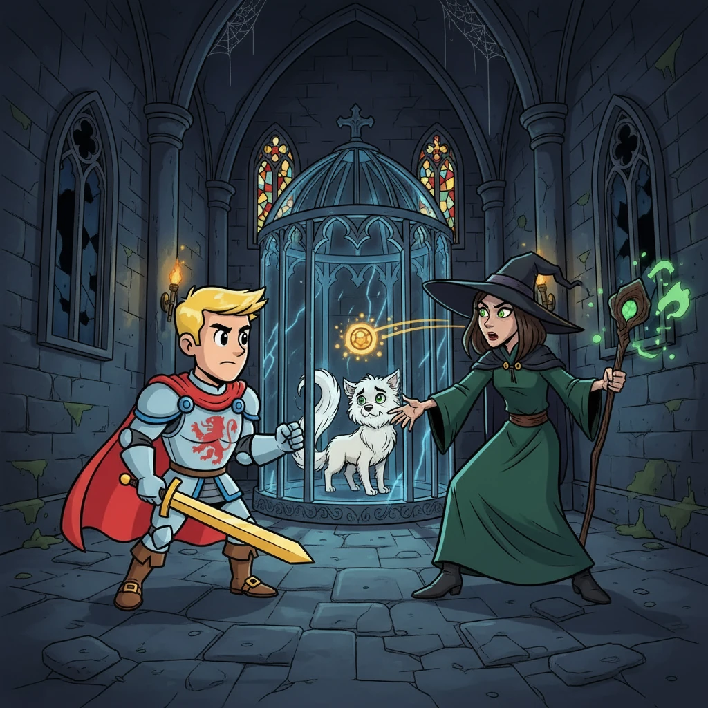 Finally, Gareth reached Eilidh's hidden castle, a dark and imposing structure. Inside, he found Comet, trapped in a magical cage. Gareth confronted Eilidh, their battle echoing through the castle, and using his wits, Gareth outsmarted the witch.