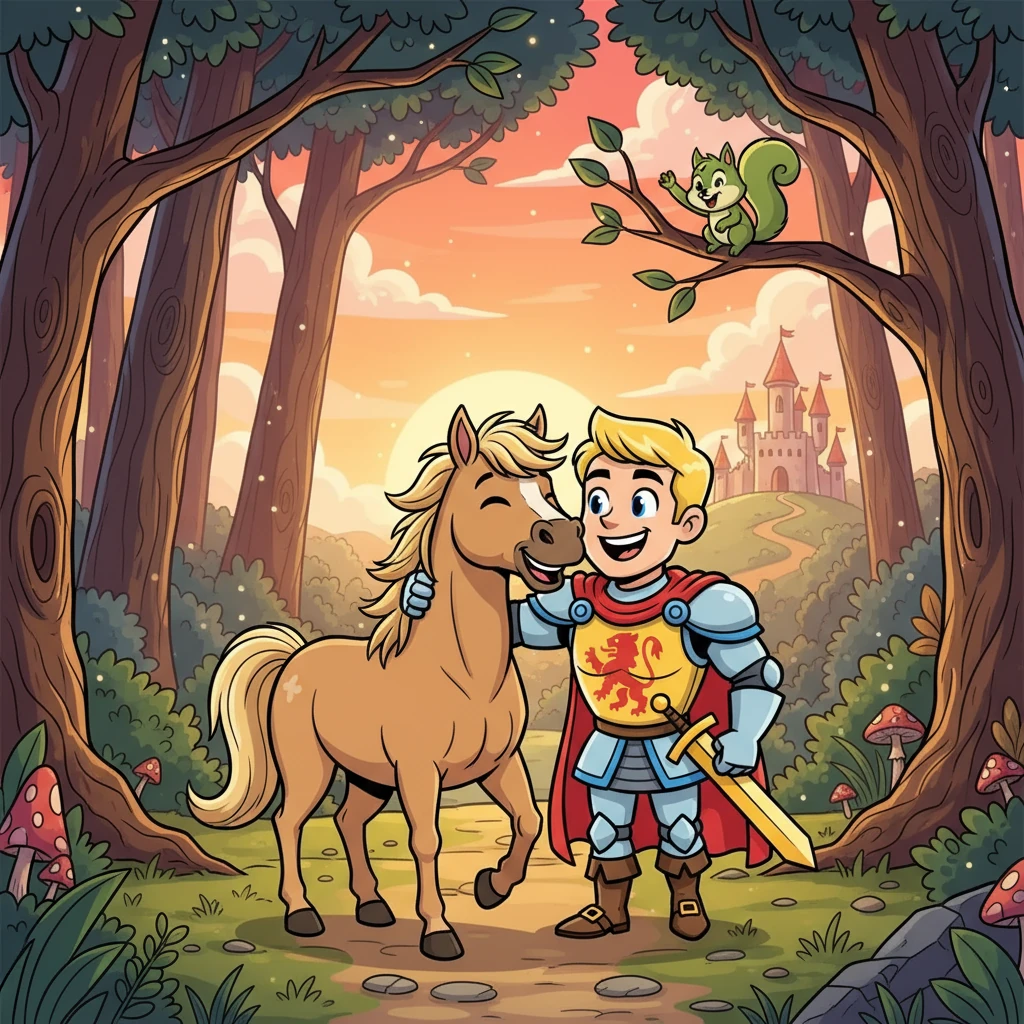With Eilidh defeated, Gareth freed Comet. The two embraced, their bond stronger than ever. Together, they emerged from the Enchanted Forest, forever bound by their shared adventure, with Pip waving farewell. Gareth and Comet returned home, heroes and forever friends.