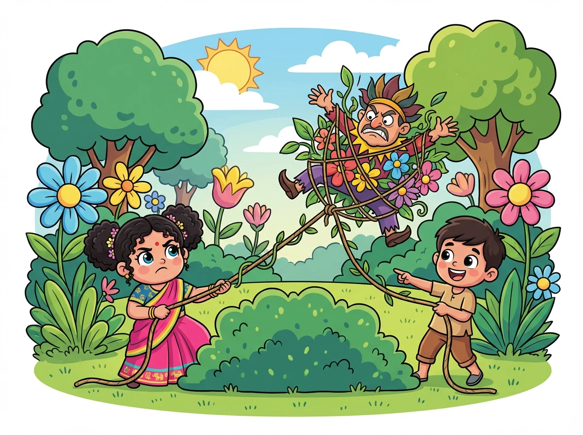 రాణి తన స్నేహితుడు రాముతో కలిసి తోటను కాపాడటానికి ఒక ప్రణాళిక వేసింది. వారు తమ తెలివితేటలు మరియు ధైర్యంతో దుష్టుడిని ఓడించారు.