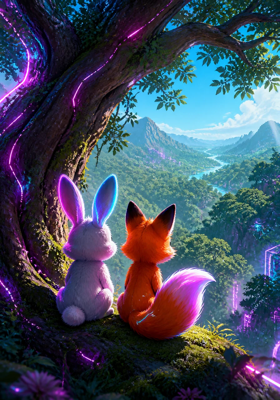Rosie the Rabbit and Finn the Fox sit together under a big, ancient oak tree. They are looking out at the beautiful green forest, ready for their first adventure together.