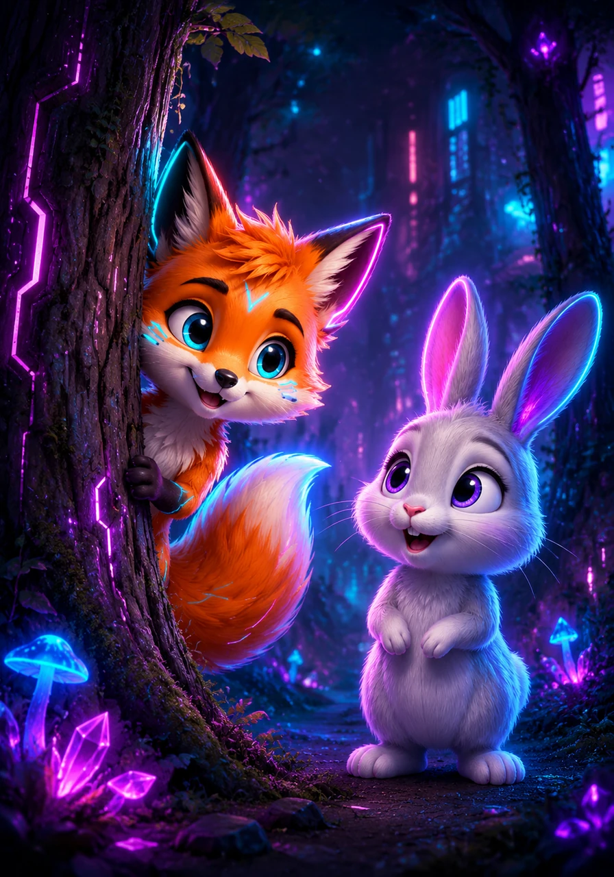 Finn the Fox pops his head out from behind a thick tree trunk. He wags his bushy tail and asks Rosie if he can help her find more forest treasures.