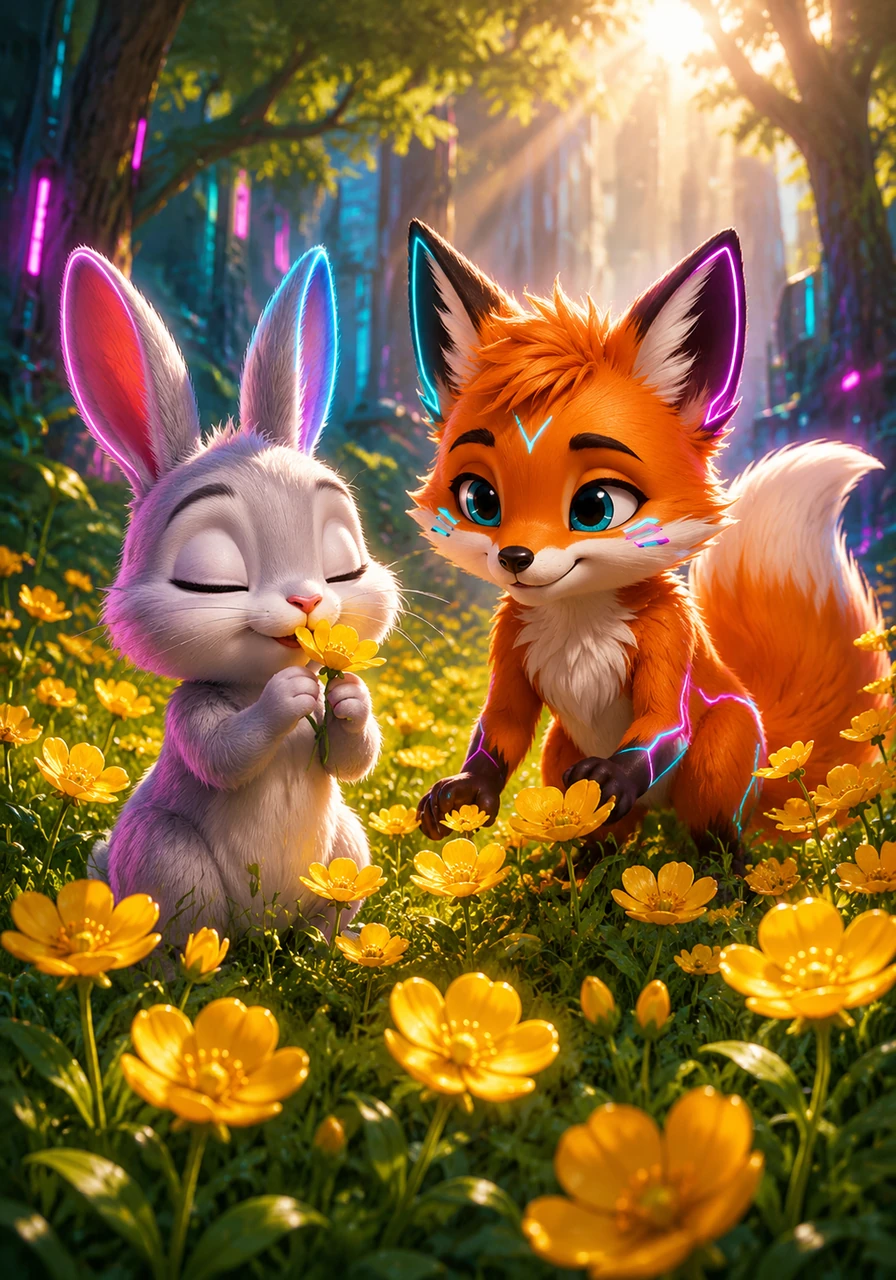 In a hidden sunny clearing, they find a patch of bright yellow buttercups. The sun feels warm on their fur as they stop to enjoy the sweet scent of nature.