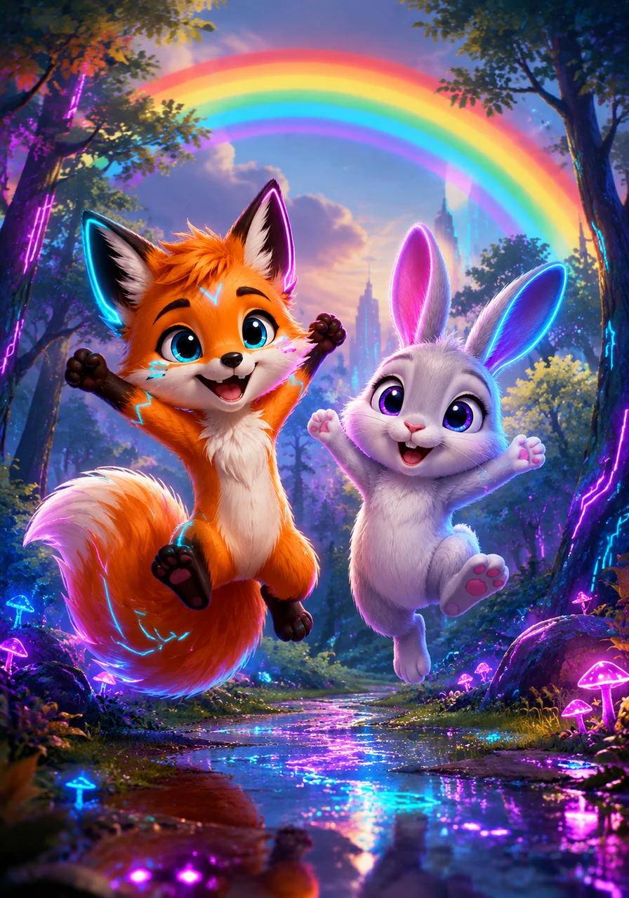 A colorful rainbow appears over the treetops as the rain stops. The two friends jump for joy, happy to see such a beautiful sight in their forest home.
