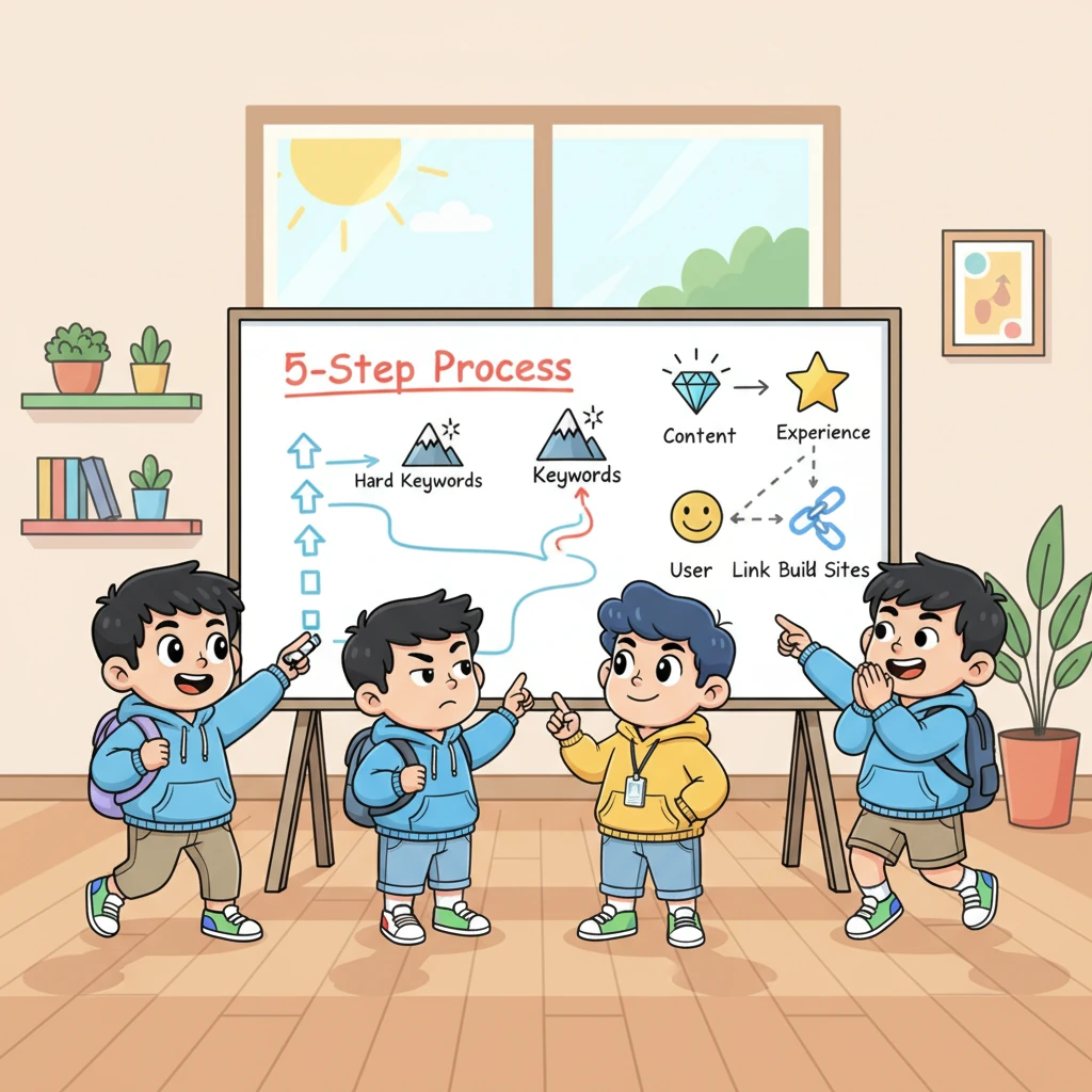 Tiến tiếp tục vạch ra quy trình 5 bước chinh phục thứ hạng trên bảng trắng. Quý ngay lập tức nhướn mày, đặt câu hỏi sắc sảo về việc chọn từ khóa khó. Phúc, với vẻ điềm tĩnh thường thấy, khẽ ngước lên và nói gọn lỏn: 'Dùng ngách. Đánh vào ý định người dùng'. Cả nhóm khựng lại một giây, rồi Thành vỗ đùi cái đét, hào hứng tán thành và bổ sung thêm về Content chất lượng cùng Trải nghiệm người dùng. Bảo cũng nhanh chóng thêm vào việc xây dựng Link từ các trang uy tín.