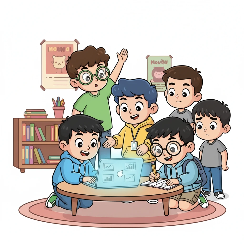 Cả nhóm cùng nhau cúi mình trước màn hình laptop, tập trung vào bước nghiên cứu từ khóa chuyên sâu. Thịnh điềm tĩnh chỉ dẫn cách sử dụng các công cụ phân tích, giúp tìm ra những từ khóa ngách tiềm năng. Bảo sôi nổi gõ phím, Thành hào hứng ghi chép những ý tưởng mới, và Quý không ngừng đặt câu hỏi để đảm bảo mọi lựa chọn đều được cân nhắc kỹ lưỡng. Phúc lặng lẽ quan sát, thỉnh thoảng đưa ra một gợi ý ngắn gọn nhưng đầy giá trị.