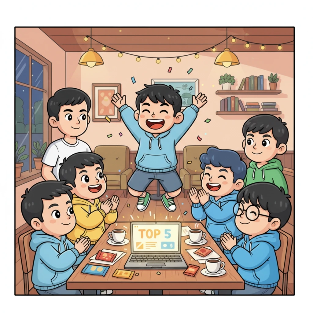 Một buổi tối nọ, khi website của nhóm nhảy vọt lên top 5 của một từ khóa quan trọng, cả quán cà phê như vỡ òa. Thành vỗ tay bôm bốp, Bảo nhảy cẫng lên ăn mừng, còn Quý thì cười mãn nguyện. Tiến và Thịnh trao nhau ánh mắt tự hào, biết rằng những nỗ lực không ngừng nghỉ đã được đền đáp. Phúc chỉ khẽ mỉm cười, nhưng ai cũng hiểu anh đang rất vui.