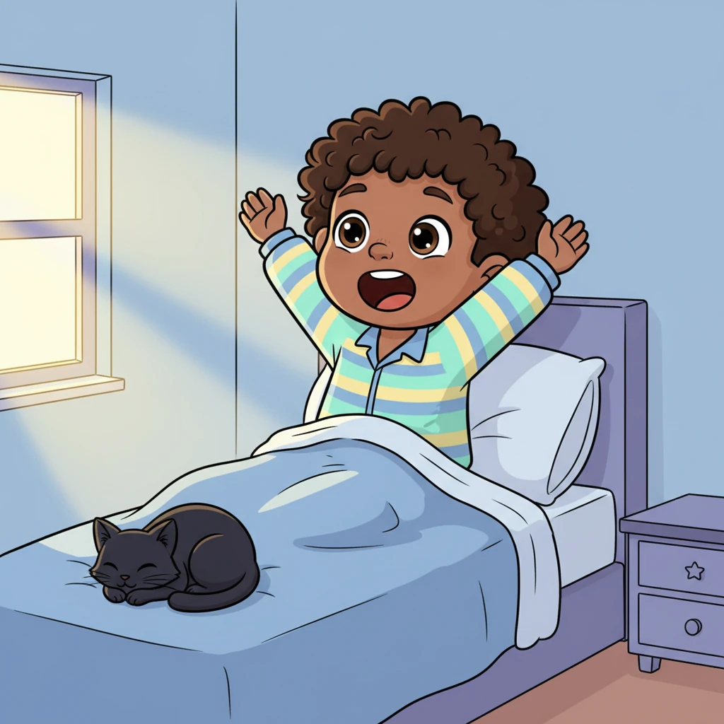 The morning sun peeked through the window, waking up little Sachar in his cozy bed. His soft blanket was warm, and Nala, his sleek black cat, purred softly at his feet. Sachar stretched his arms high, ready for a brand new day of fun.
